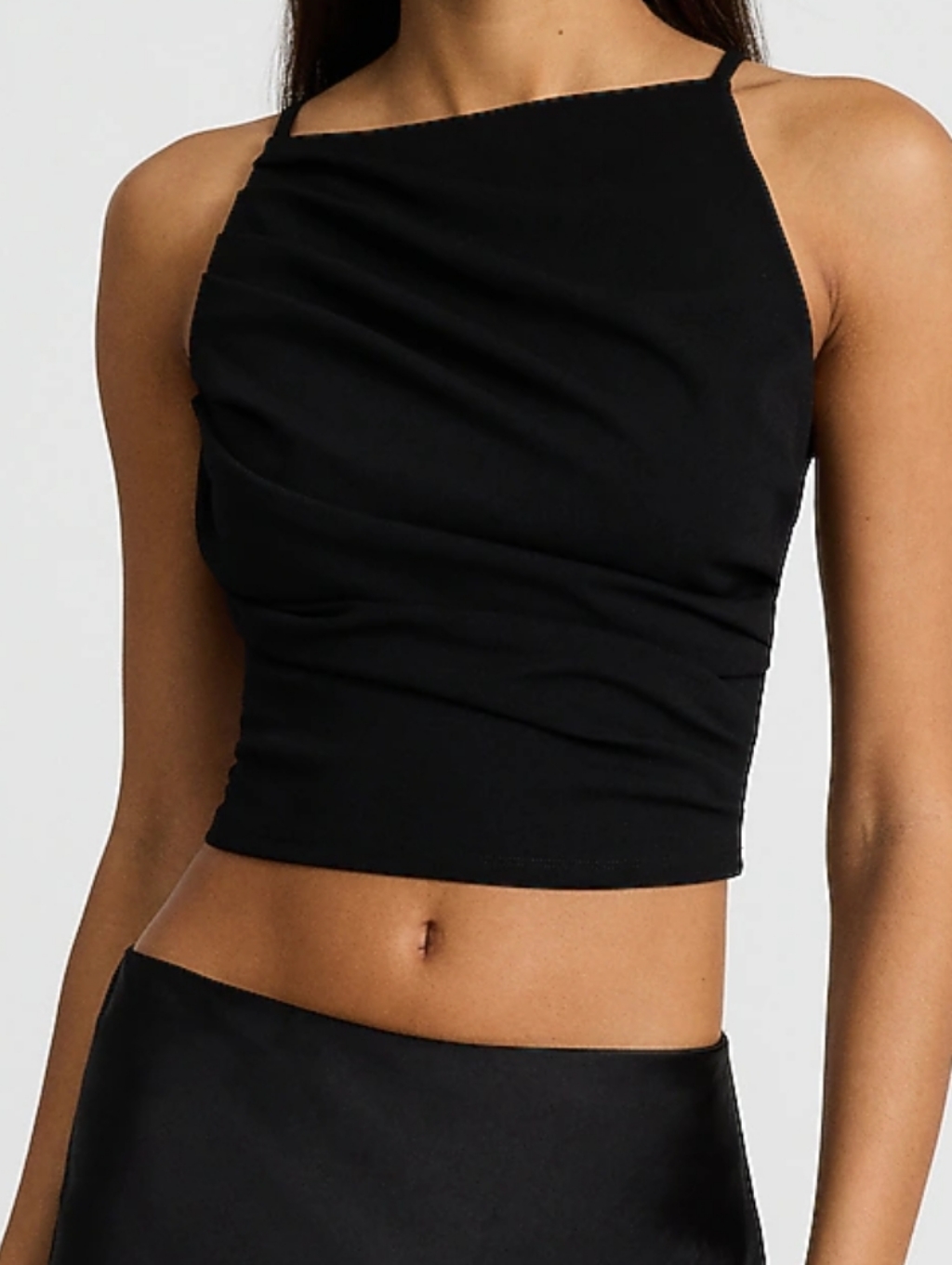 Studio Stretch Crepe High Neck Draped Cropped Tank